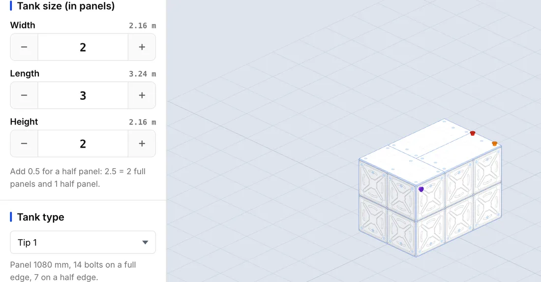 WaterForm configurator: width, length and height entered as panel counts beside the bolted panel tank model they produce