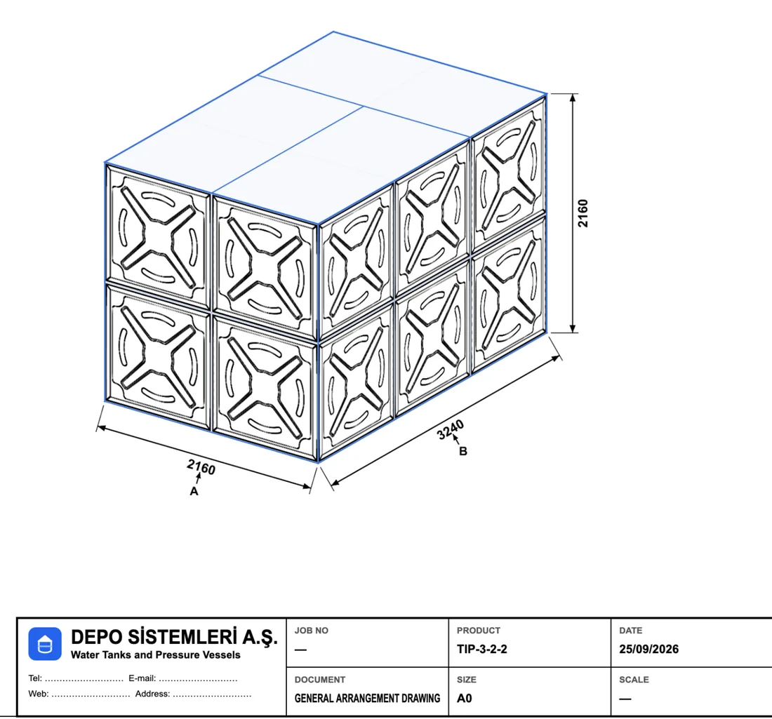 Part of an A0 sheet exported by WaterForm: dimensioned isometric view of a bolted panel tank, three panels long, two wide and two high, above the title block